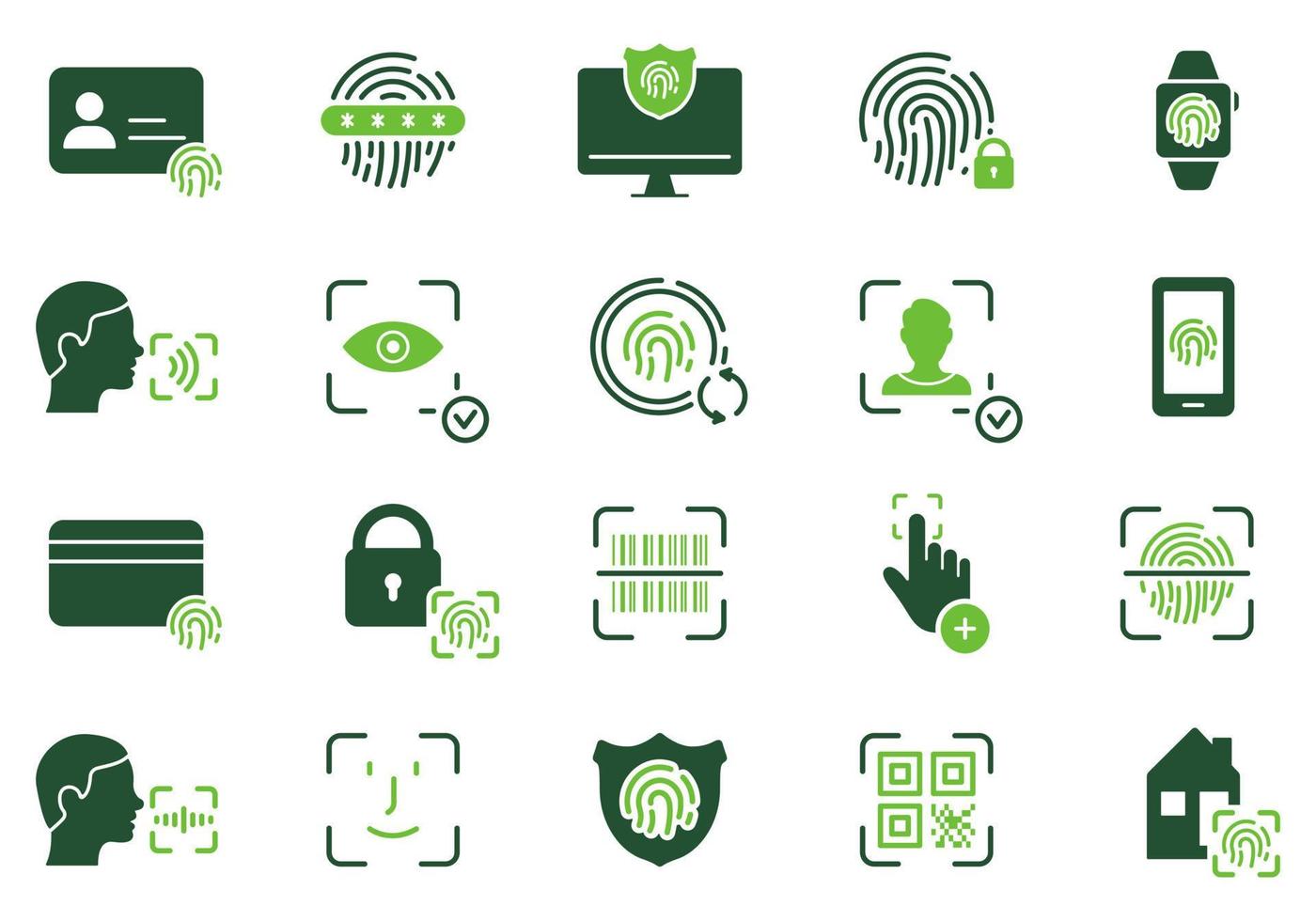 vingerafdruk, gelaats identiteit in mobiel telefoon, computer silhouet icoon set. tintje ID kaart, gezicht ID kaart pictogram. biometrisch identificatie symbool. veiligheid wachtwoord kleur teken. geïsoleerd vector illustratie.