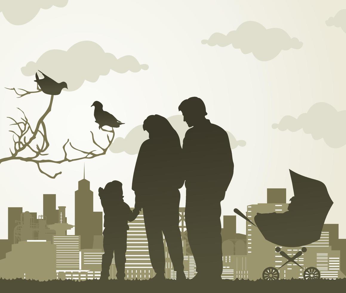 de familie met twee kinderen wandelingen en een stad. een vector illustratie