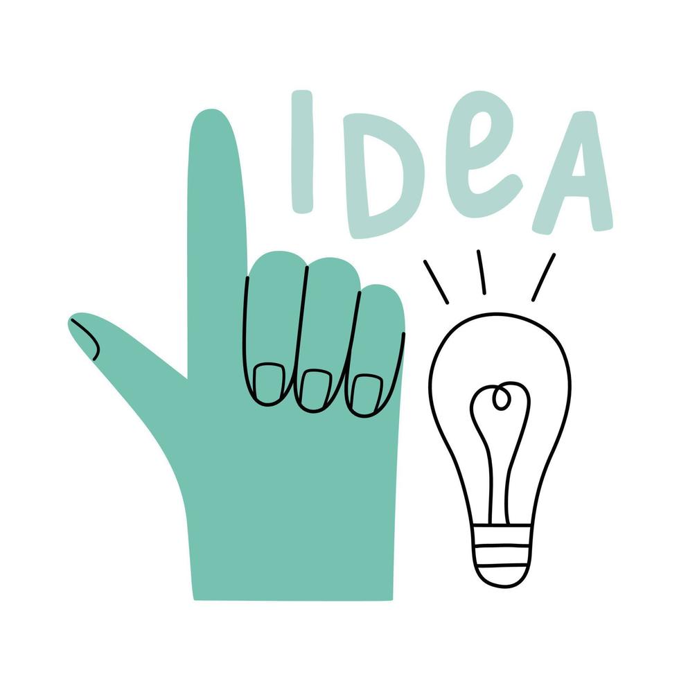 turkoois gebaar verheven omhoog wijsvinger idee licht lamp. idee concept icoon in vlak hand- getrokken stijl vector illustratie
