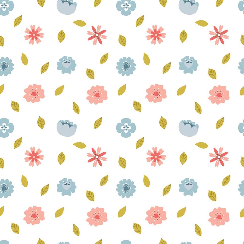 naadloos patroon met hand getekend gemakkelijk, lente, roze en blauw bloemen en bladeren. een gemakkelijk achtergrond voor omhulsel papier, huis en kinderen textiel. vector illustratie Aan een wit achtergrond.
