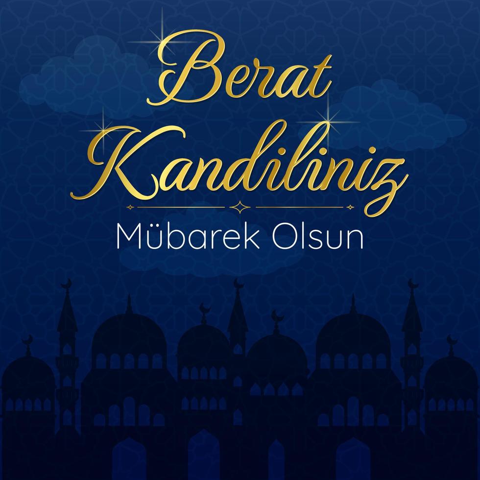 moslim vakantie. vector concept van Islamitisch heilig nacht berat kandiliniz. mubarec olzon. vertaling Islamitisch heilig nacht. kaart met donker silhouet van de moskee. vector concept Aan donker blauw achtergrond