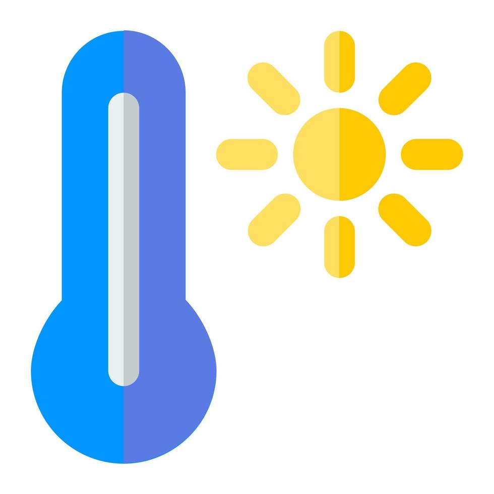 thermometer met zon in vlak icoon. het weer, zomer, heet, zonlicht, seizoen, warm, koorts vector