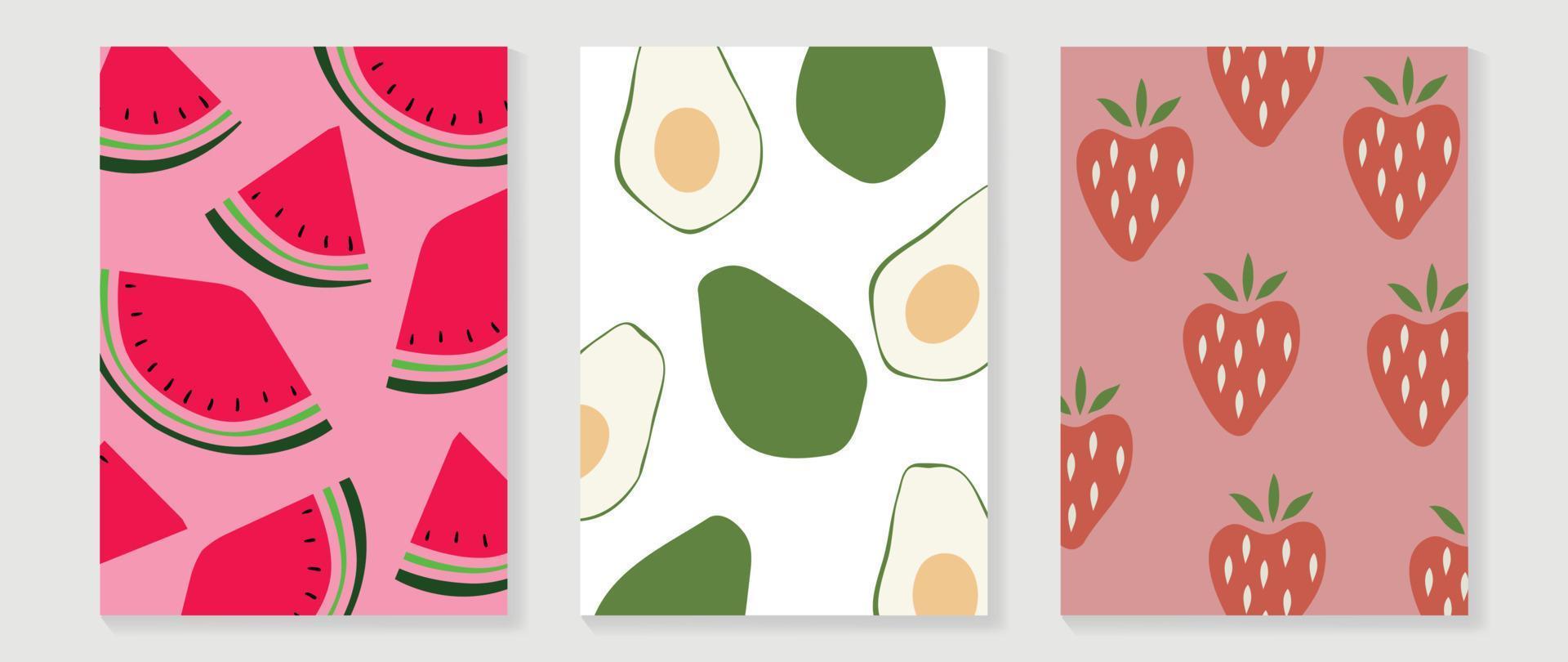 vers fruit muur kunst achtergrond vector set. minimaal tekening tropisch fruit patroon van watermeloen, avocado en aardbei. voorjaar en zomer seizoen ontwerp voor huis decor, interieur, behang, kleding stof.