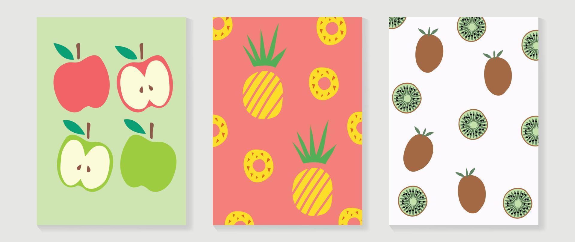 vers fruit muur kunst achtergrond vector set. minimaal tekening stijl tropisch fruit verzameling van appel, ananas en kiwi. voorjaar en zomer seizoen ontwerp voor huis decor, interieur, behang, kleding stof.