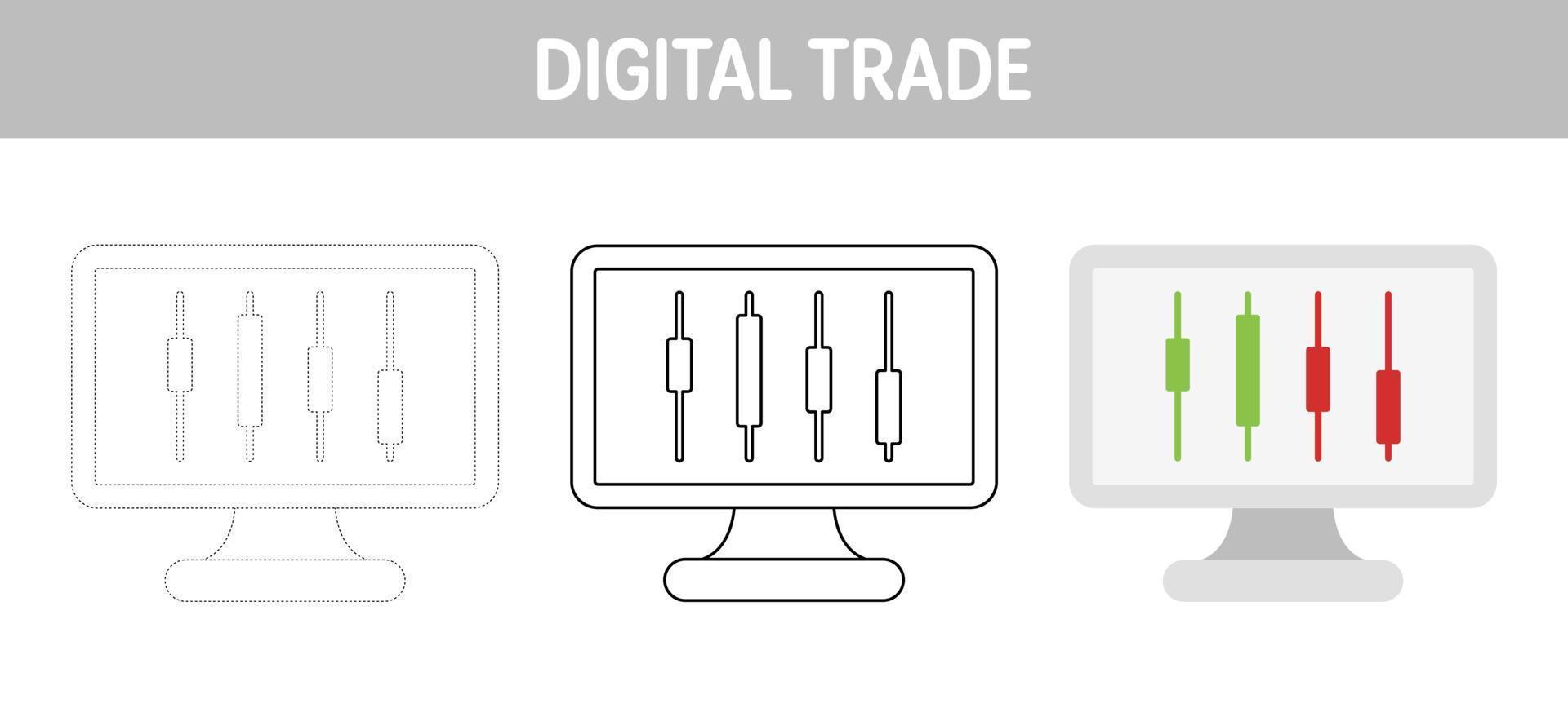 digitaal handel traceren en kleur werkblad voor kinderen vector