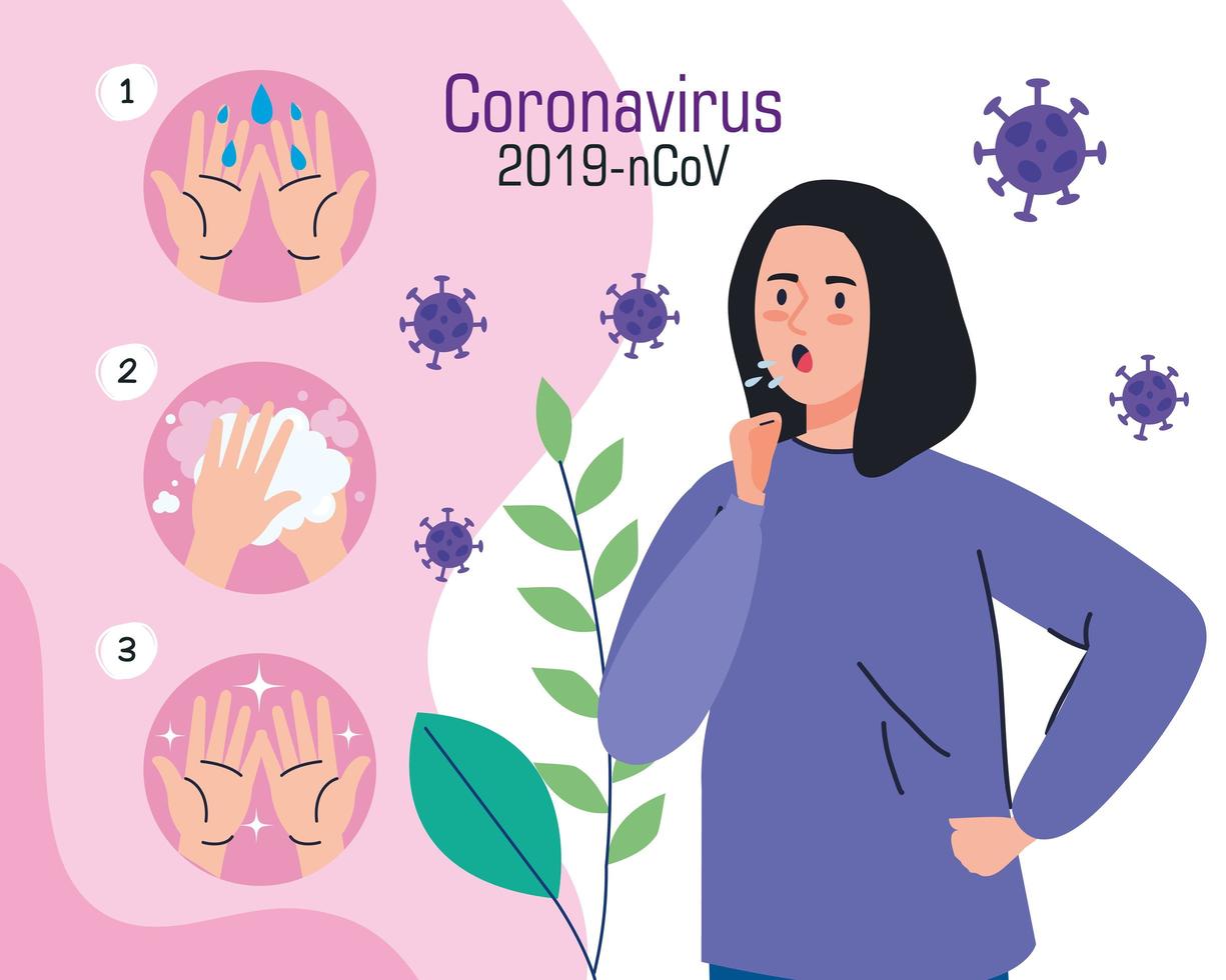 jonge vrouw met covid 19 symptomen infographic vector