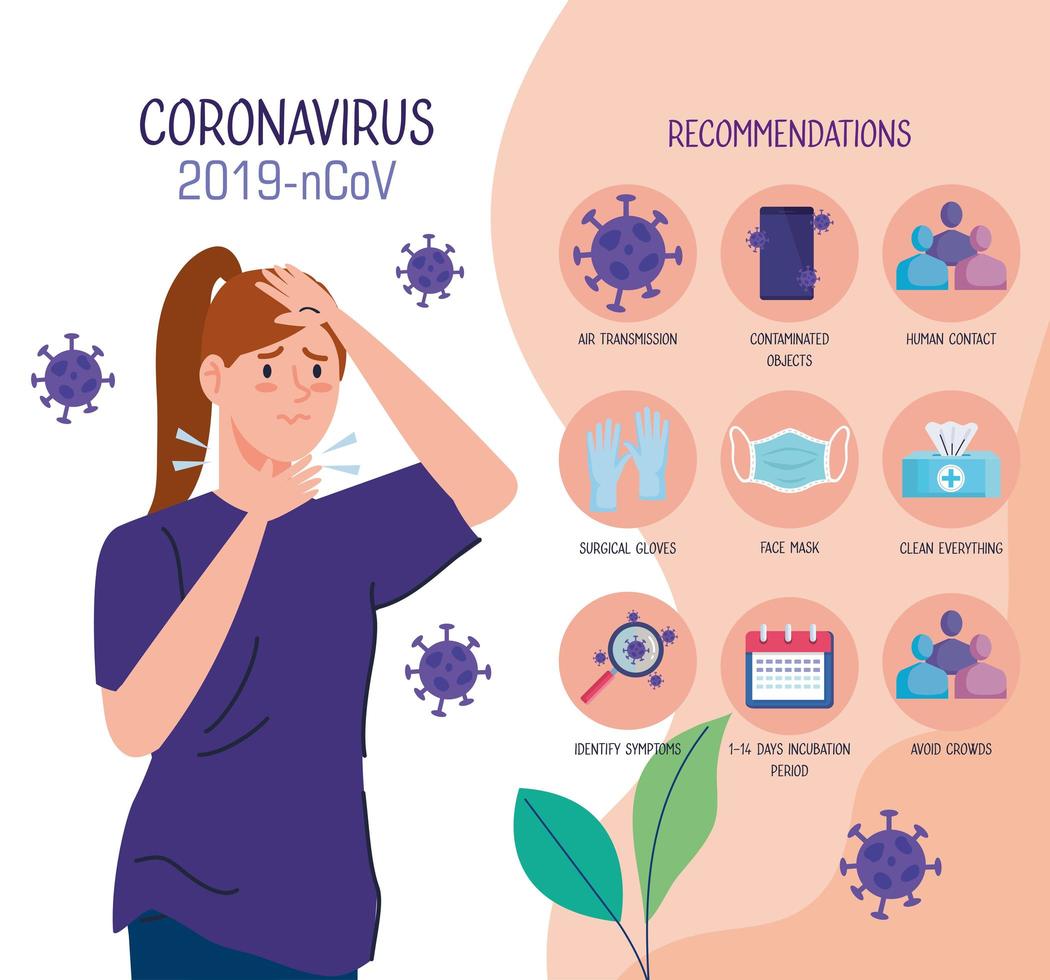 jonge vrouw met covid 19 symptomen infographic vector