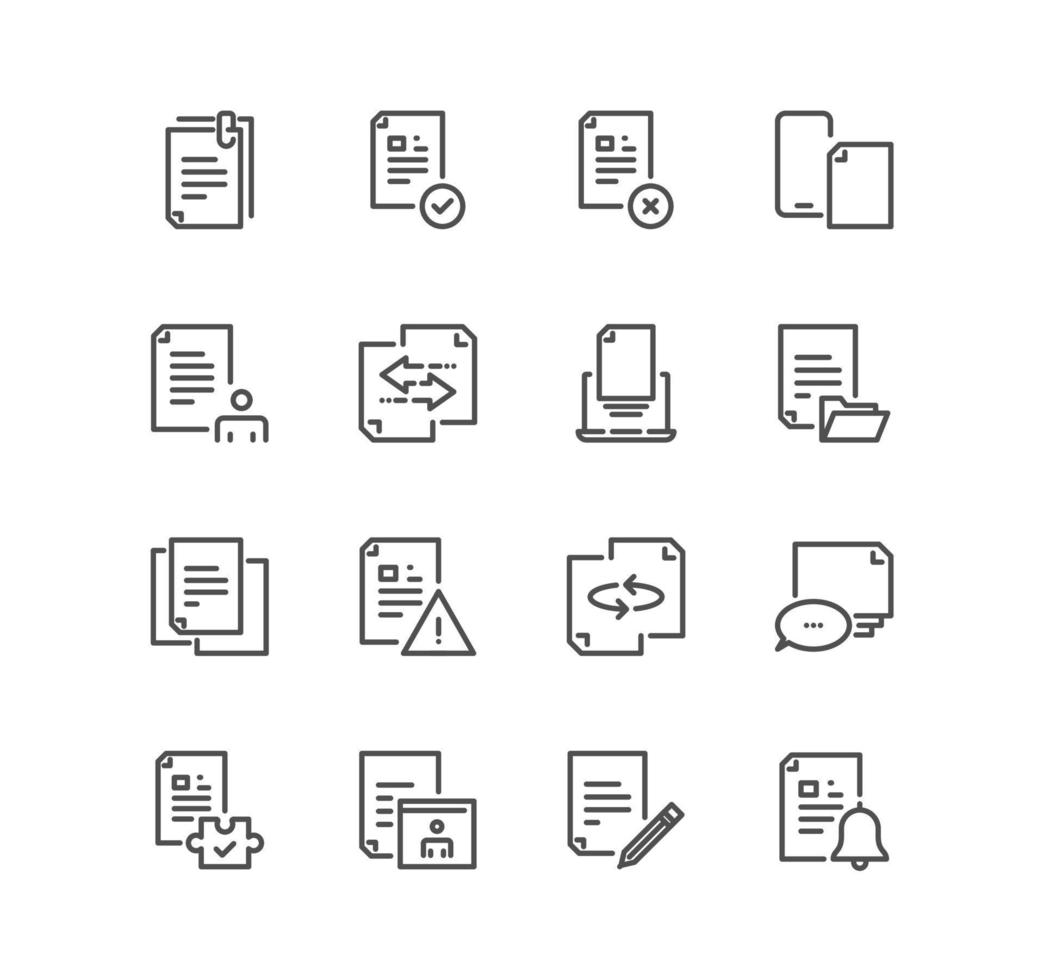 reeks van documenten en papierwerk pictogrammen, kantoor werk, document stromen, contract, het dossier map en lineair verscheidenheid vectoren. vector