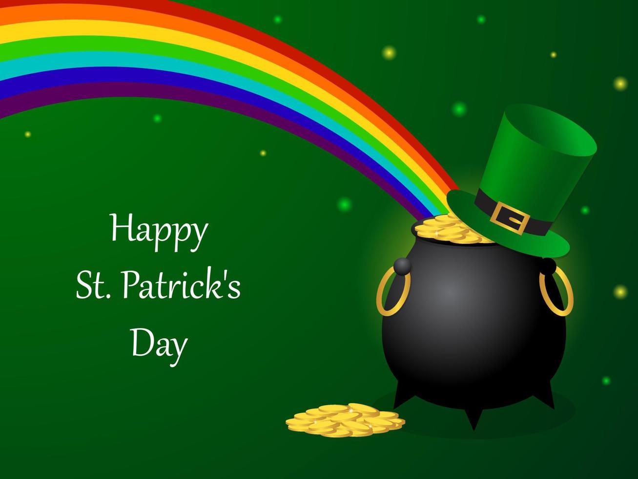 st. Patrick dag groet kaart. een ketel van goud munten, een kabouters hoed en een regenboog. vector illustratie