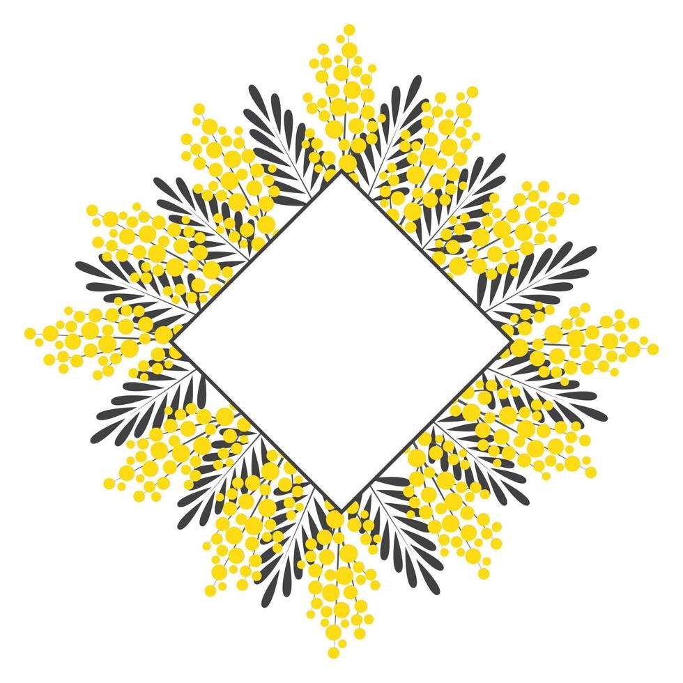 sjabloon voor bruiloft uitnodiging met mimosa. ruit kader met ruimte voor tekst. ansichtkaart met voorjaar bloemen. vector illustratie