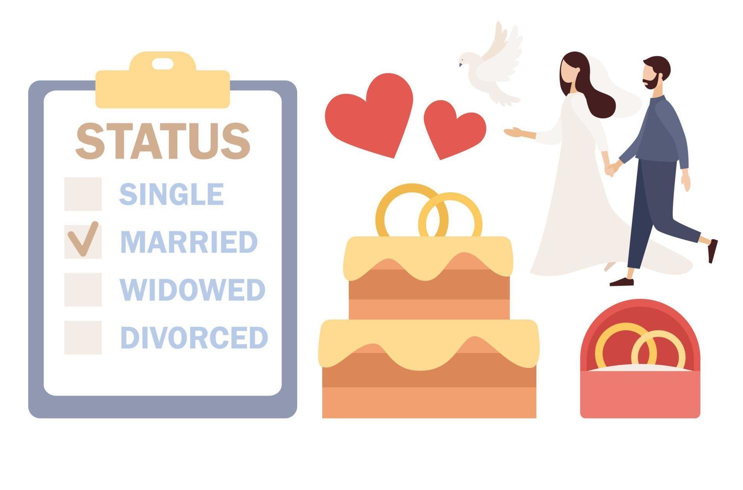 getrouwd paar. echtelijk toestand concept. bruiloft taart, bruiloft ringen, harten, duif. vector vlak illustratie