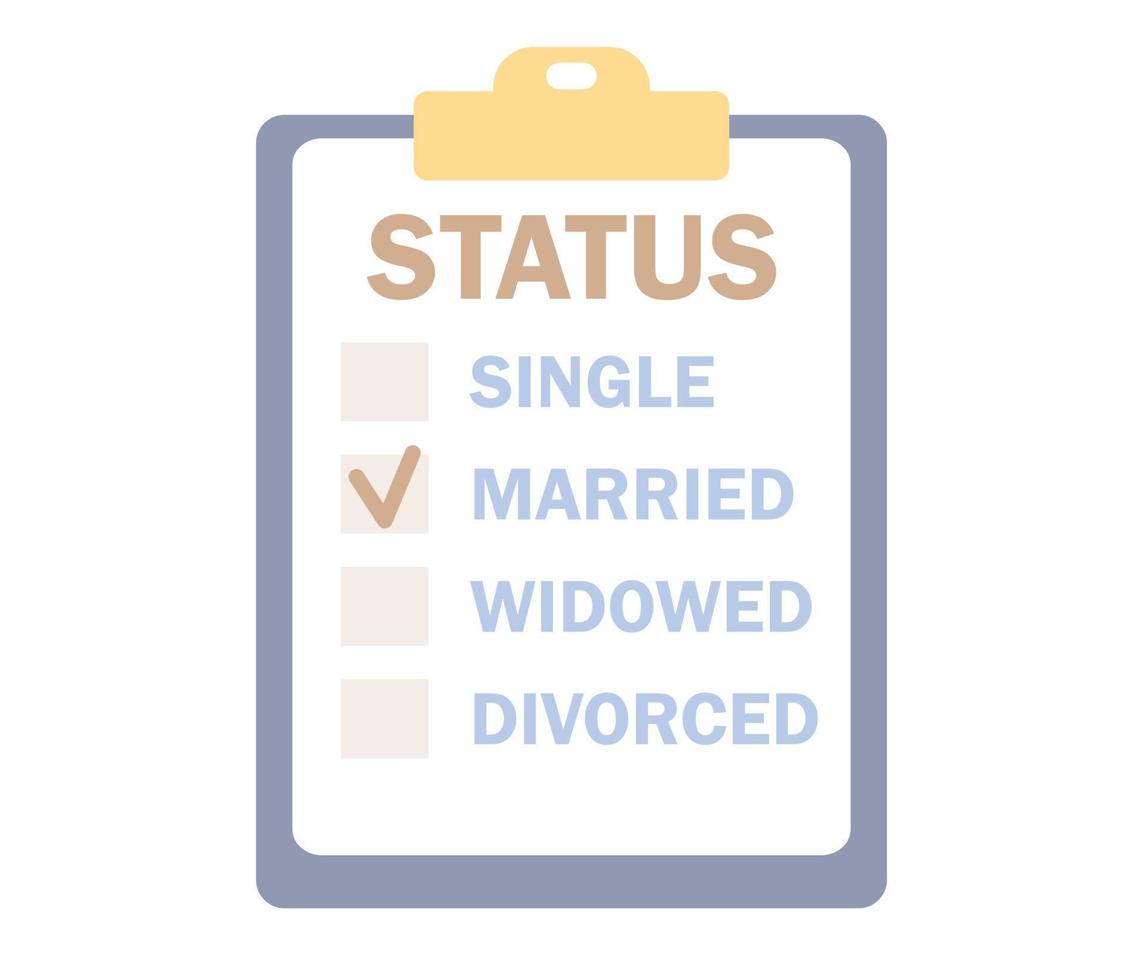 echtelijk toestand van mensen. checkbox lijst met enkel, getrouwd, weduwnaar en gescheiden opties. bruiloft en verhouding concept. vector vlak illustratie