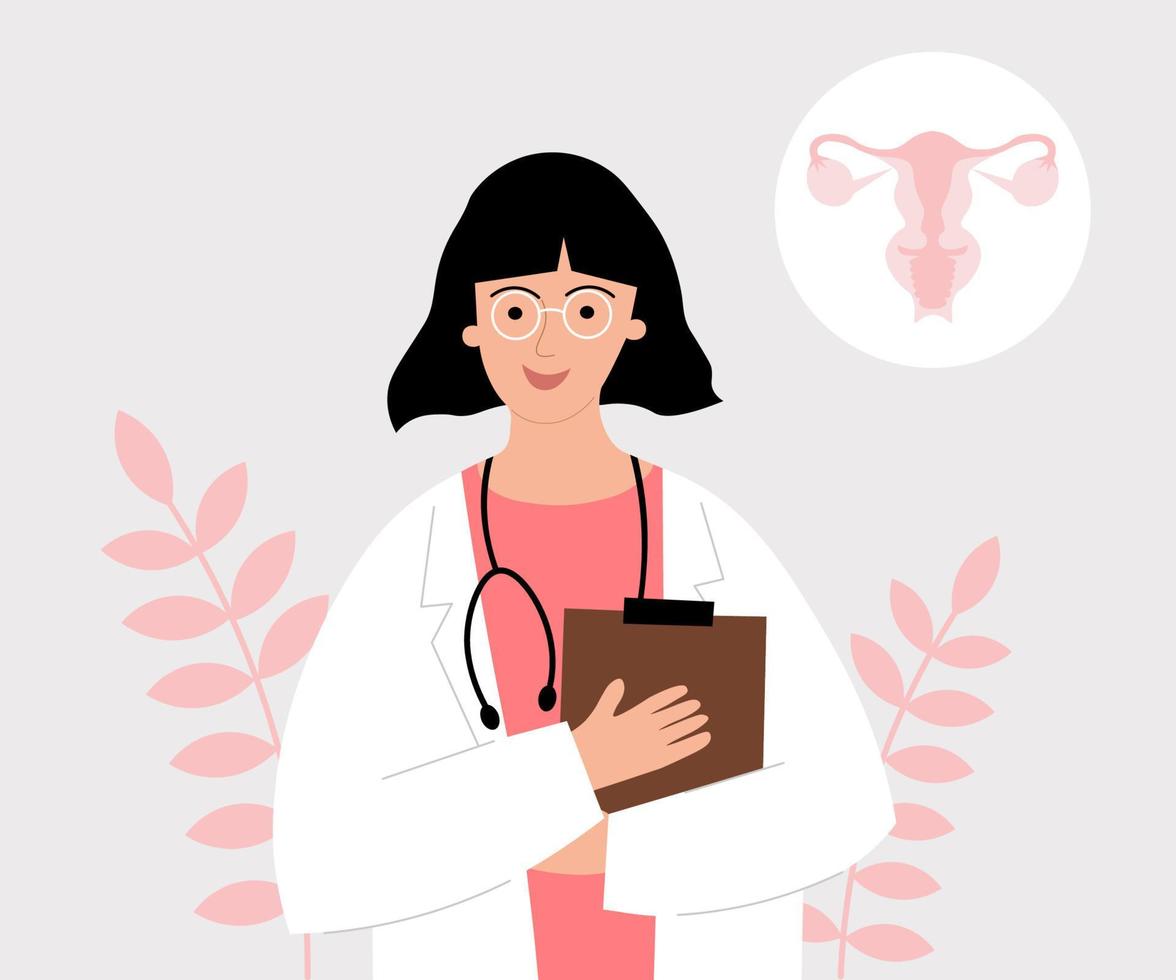 gynaecoloog. een jong dokter in een medisch japon en een afbeelding van de vrouw voortplantings- organen. overleg met een gynaecoloog en voortplantings- specialist. vrouwen Gezondheid en zwangerschap geneeskunde vector
