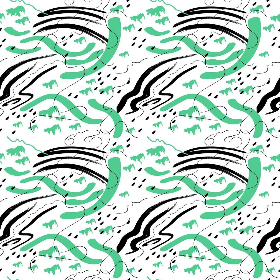 abstract naadloos patroon met zwart en groen lijnen, stippen, golven en vlekken. marinier motief. herhalende achtergrond. hand- getrokken.vector vector