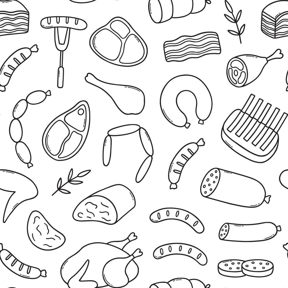 naadloos patroon van vlees tekening. worstjes, steaks, ribben, varkensvlees, rundvlees in schetsen stijl. hand- getrokken vector illustratie