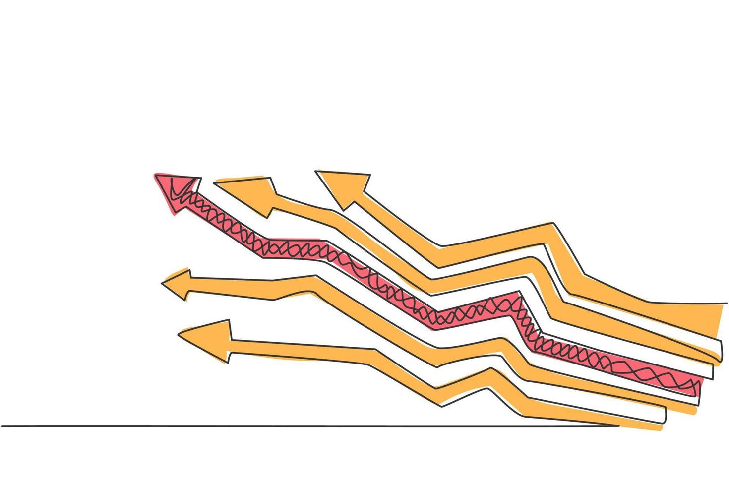 doorlopende lijntekening van verschillende manieren om pijltekens op te heffen. paden van bedrijfsstrategie om het minimalistische concept van de verkoopgrafiek te vergroten. trendy enkele lijn tekenen ontwerp vector grafische afbeelding