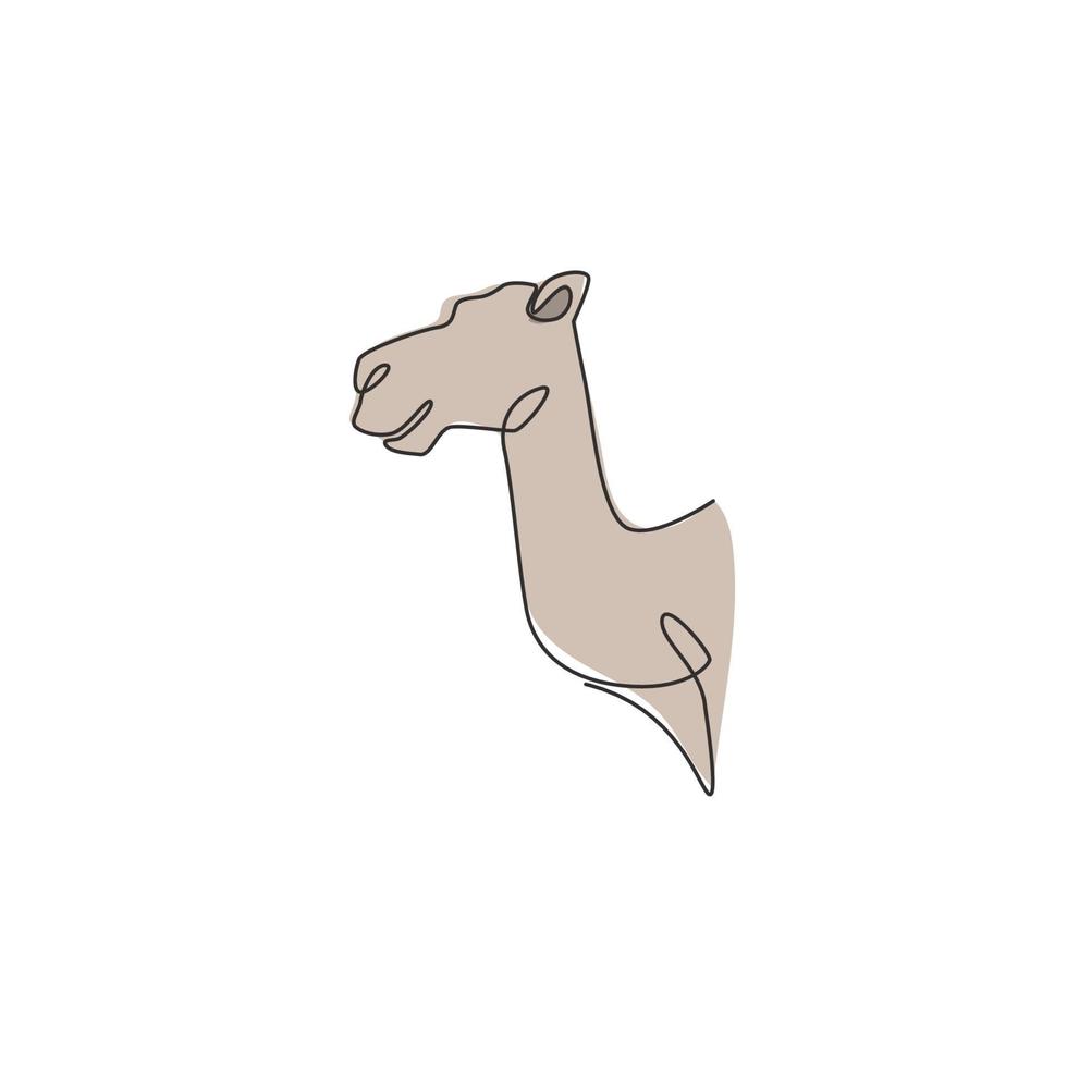 enkele doorlopende lijntekening van hoofd woestijn Arabische kameel voor logo-identiteit. schattig dromedaris zoogdier dier concept voor nationale dierentuin icoon. trendy één lijn tekenen ontwerp grafische vectorillustratie vector