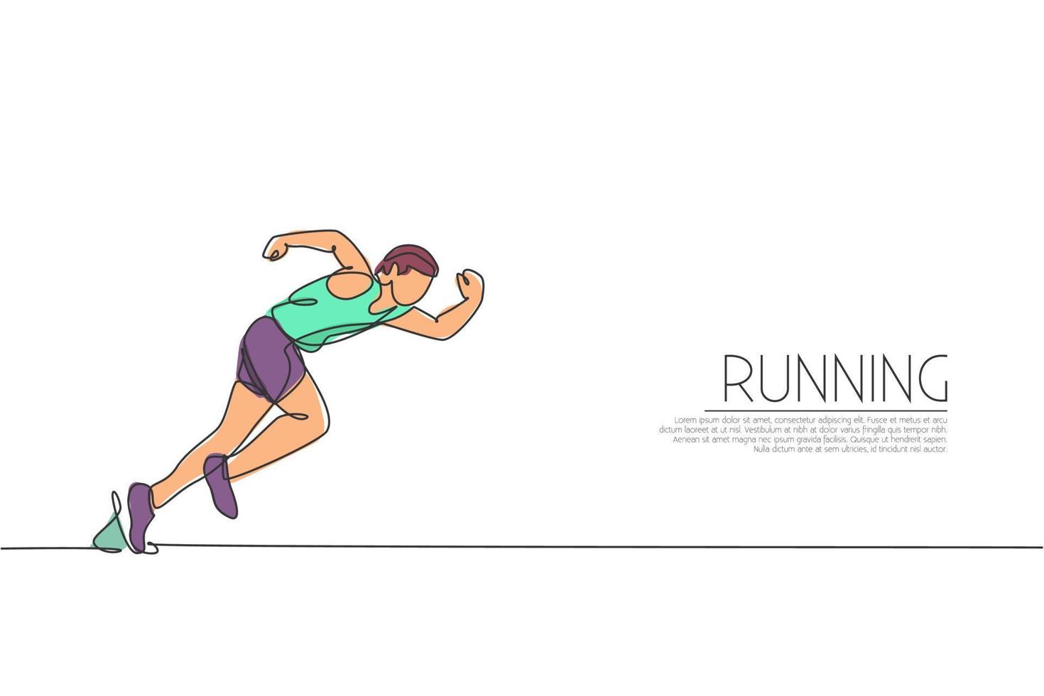 een doorlopende lijntekening van jonge sportieve man runner focus om snel op het goede spoor te rennen. gezondheidsactiviteit sport concept. dynamische enkele lijn tekenen ontwerp vectorillustratie voor het uitvoeren van evenement promotie poster vector