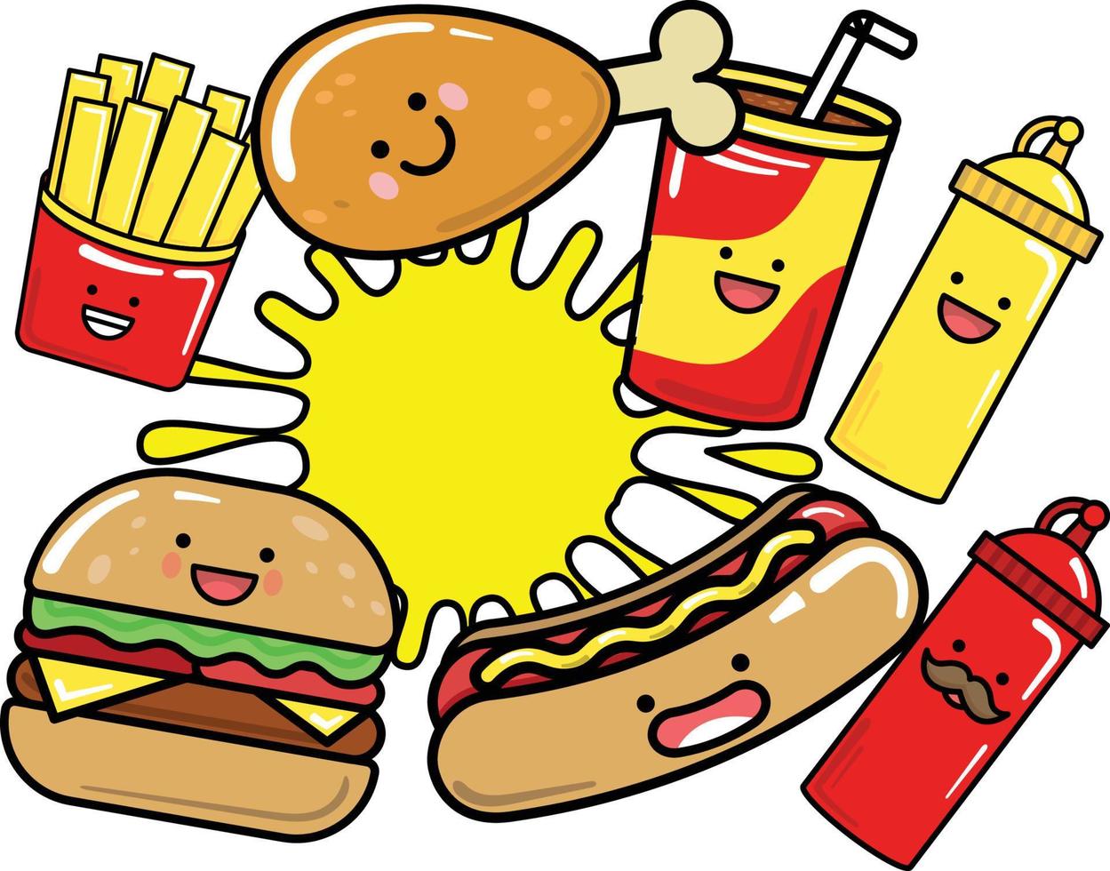 snel voedsel nemen uit Hamburger hotdog Frisdrank kip chips Patat tekenfilm schattig vector