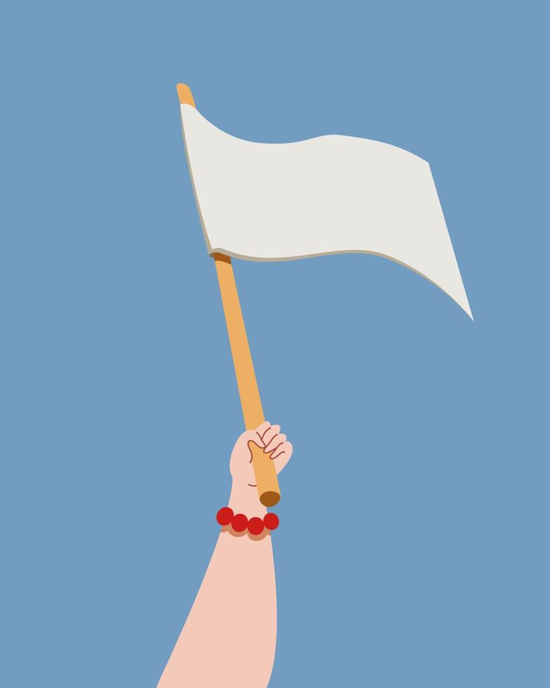 vrouw Holding wit vlag, teken van overgave. hand- met blanco vlag Aan blauw achtergrond. vredig demonstratie modern tekenfilm vlak vector illustratie.