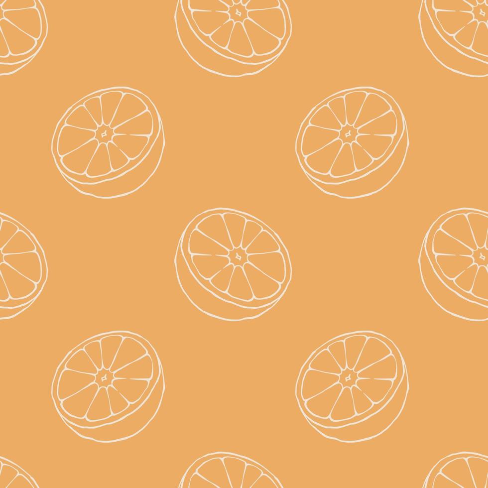 hand- getrokken oranje naadloos patroon. besnoeiing fruit stukken wit lijn tekening Aan oranje kleur achtergrond. modern vector grafisch fruit afdrukken ontwerp voor menu, pakket, textiel, omhulsel papier.