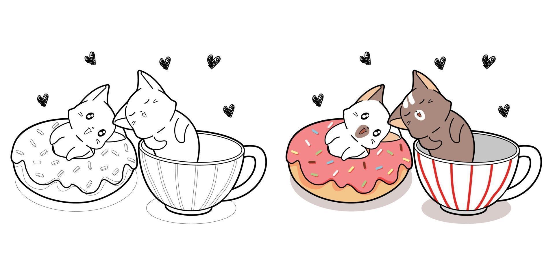 paar schattige kat met donut en kopje koffie cartoon kleurplaat vector