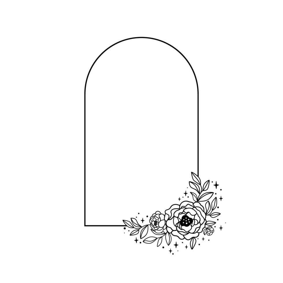 monochroom hemel- bloemen boog. zwart en wit bloemen kader met pioenrozen. lijn kunst bloem boeket. Boheems botanisch zomer bloem pioen in schetsen. decoratief plantkunde vector illustratie geïsoleerd