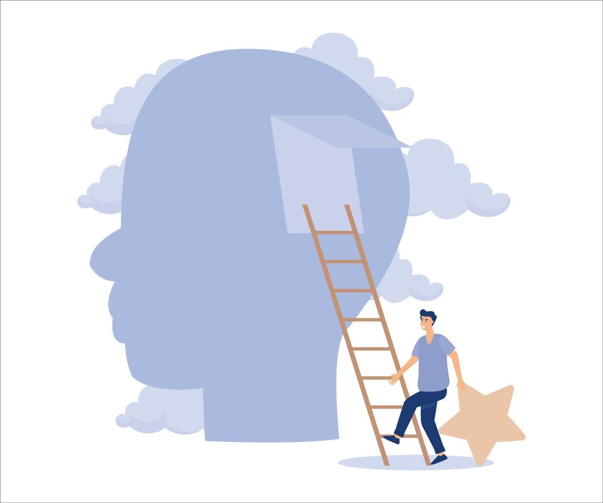 merk herkenning, zakenman Holding ster beklimmen omhoog ladder naar zetten in klant brein. vlak vector modern illustratie