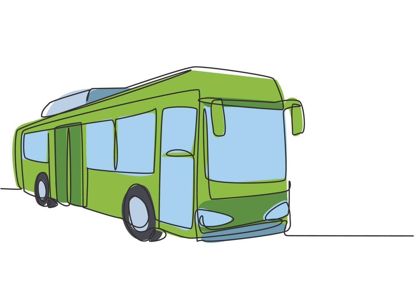 enkele doorlopende lijntekening stadsbussen die forensenwerknemers en scholieren bedienen, vertrekken van hun huis naar hun respectievelijke bestemmingen. een lijn tekenen grafisch ontwerp vectorillustratie. vector