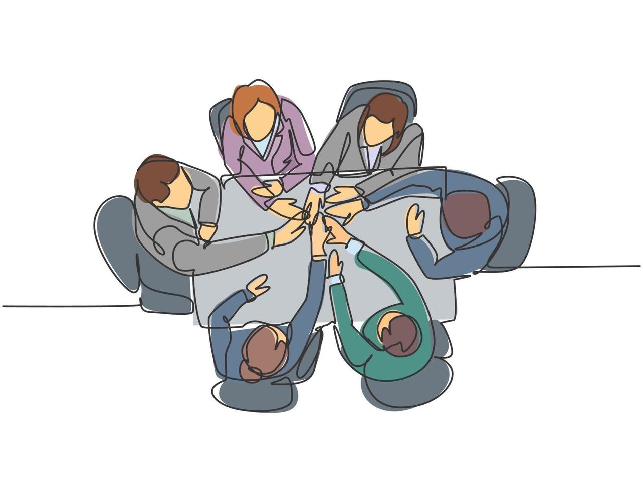 een groep zakenlieden en zakenvrouwen die hun opeenvolgende doel vieren tijdens de zakelijke bijeenkomst met een high five-gebaar. zakelijke deal concept doorlopende lijn tekenen ontwerp illustratie vector