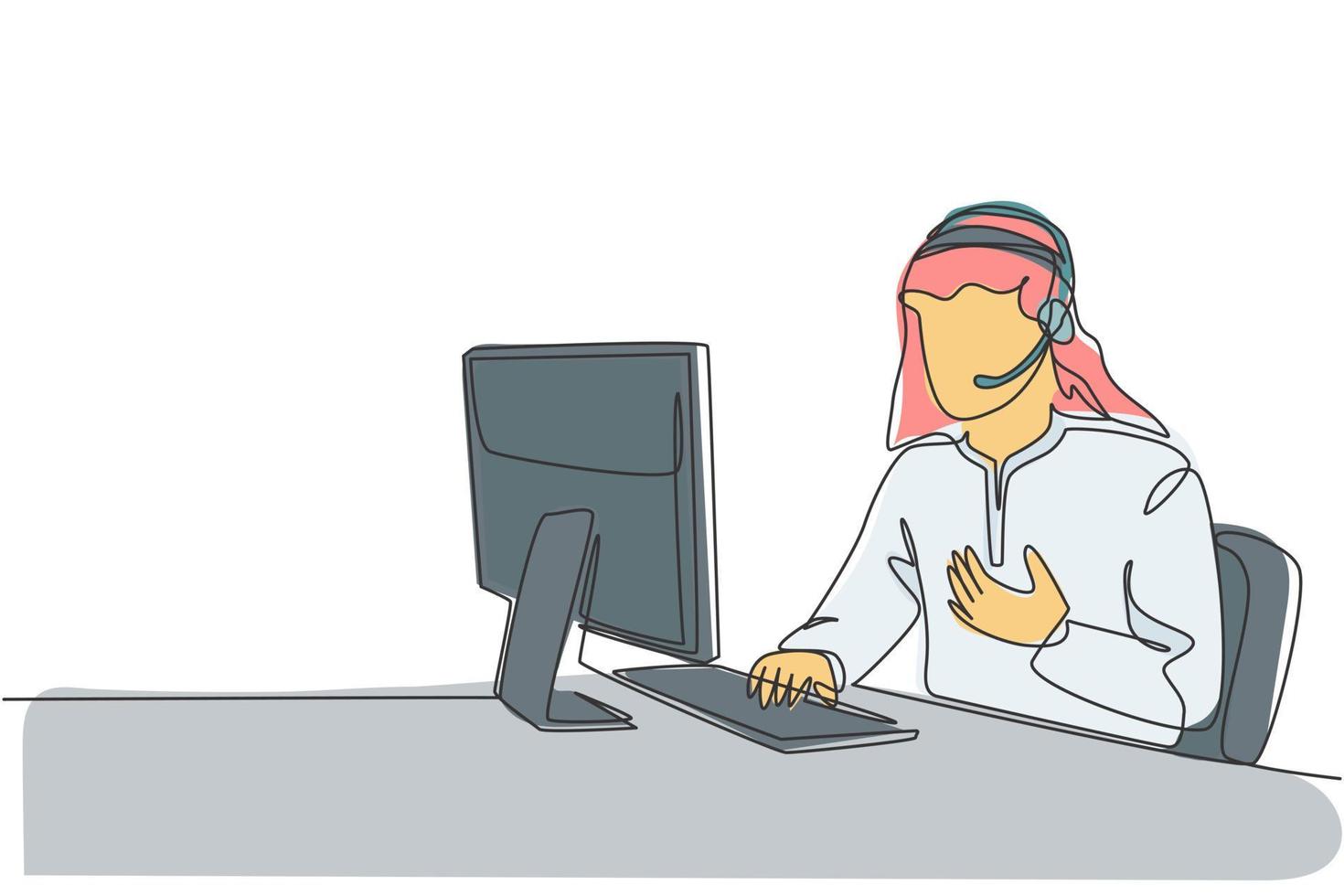 een enkele lijntekening van een jonge arabische man met een sjaal ontvangt een klacht van de klant over een kapot nieuw product. callcenter zorgconcept doorlopende lijn tekenen ontwerp vectorillustratie vector