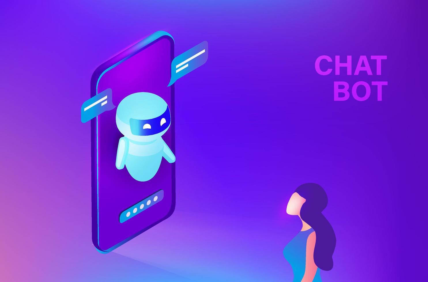 Chatbot technologie concept, vrouw tekens chatten met robot, vragen vragen en ontvangen antwoorden. ai assistent ondersteuning vector illustratie