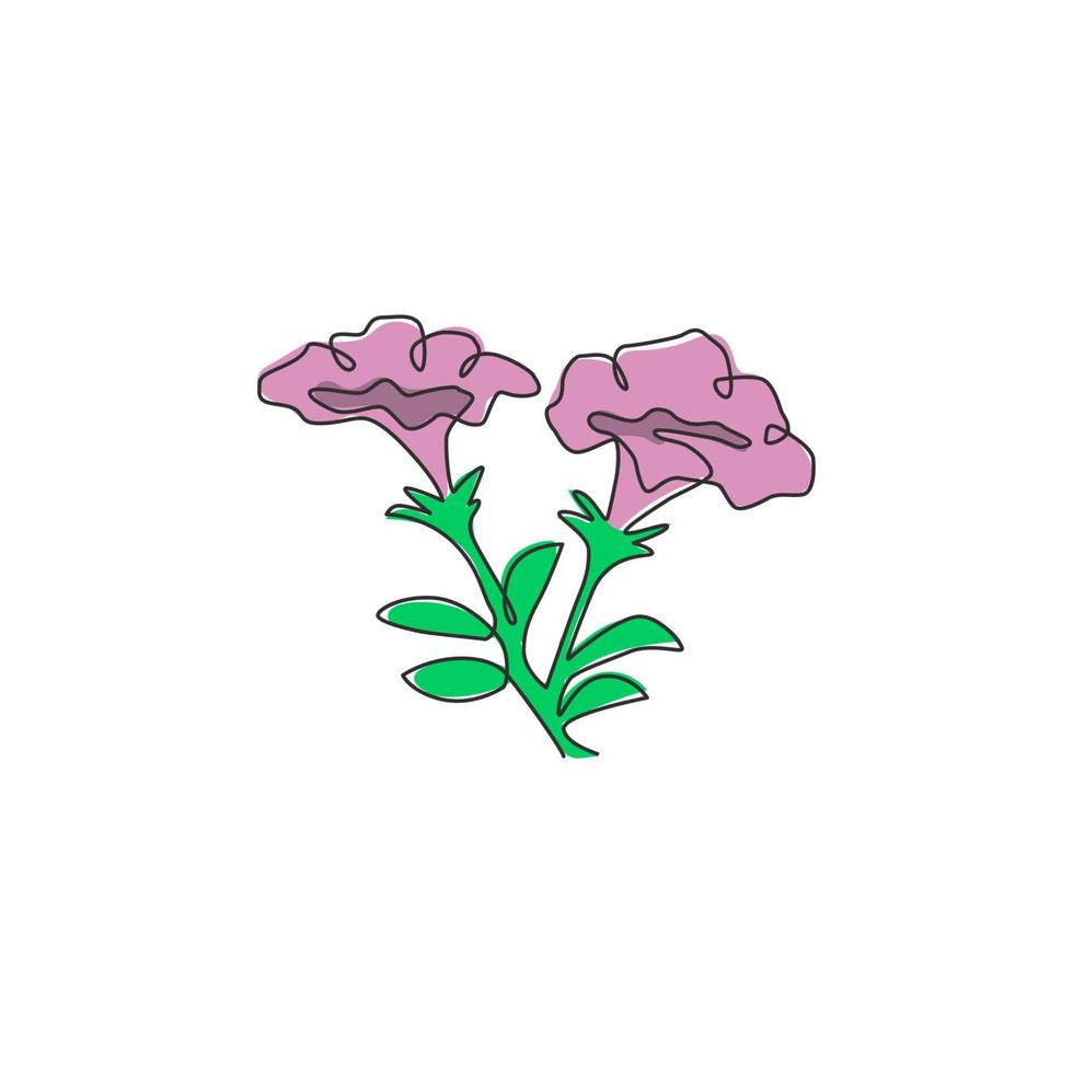 enkele doorlopende lijntekening van schoonheidsverse petunioideae voor tuinlogo. afdrukbare decoratieve petunia bloem concept voor thuis muur decor poster art. moderne één lijn tekenen ontwerp vectorillustratie vector