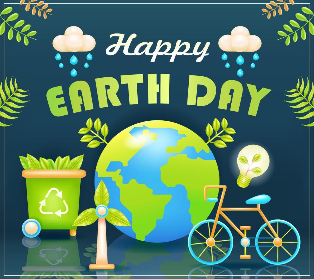 gelukkig aarde dag. 3d vectoren van aarde, windmolen, uitschot kan, fiets en lamp