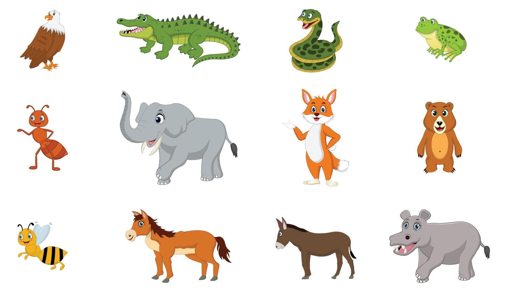 schattig tekenfilm wild dieren reeks adelaar, olifant, alligator, slang, enz geïsoleerd vector illustraties.