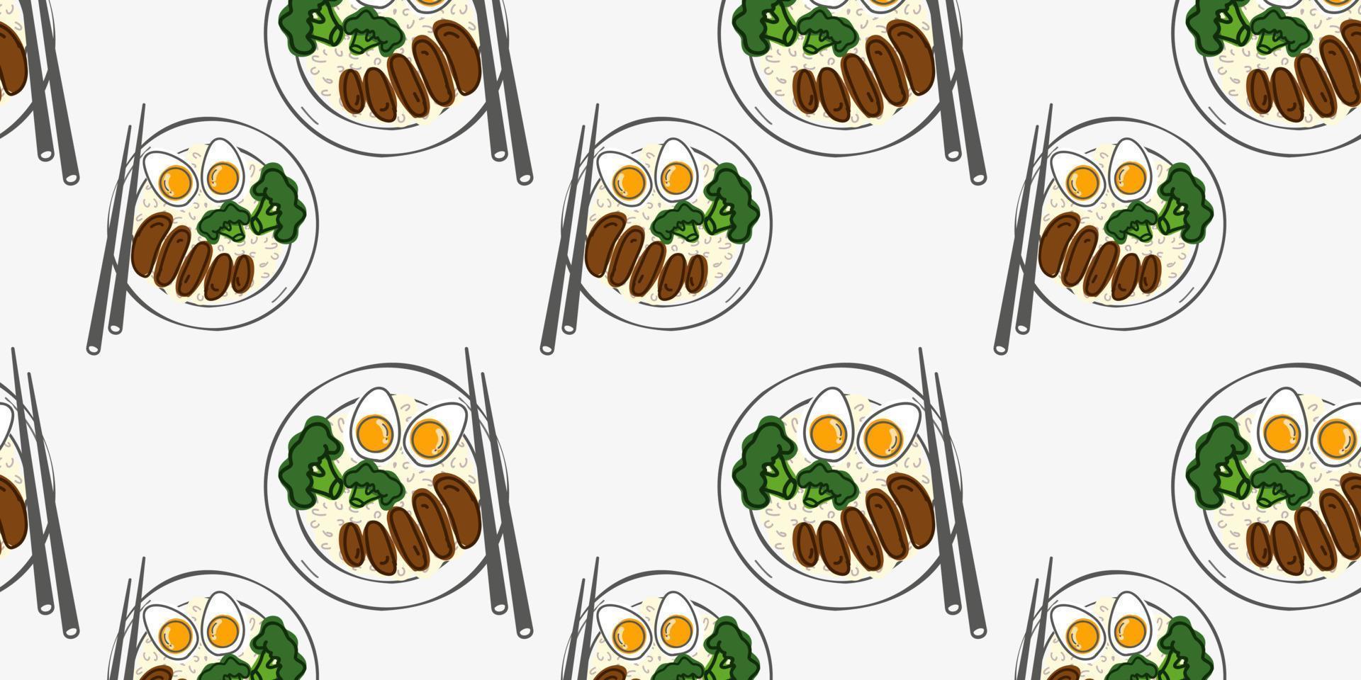 naadloos patroon met teriyaki varkensvlees rijst- schaal. top visie. vector