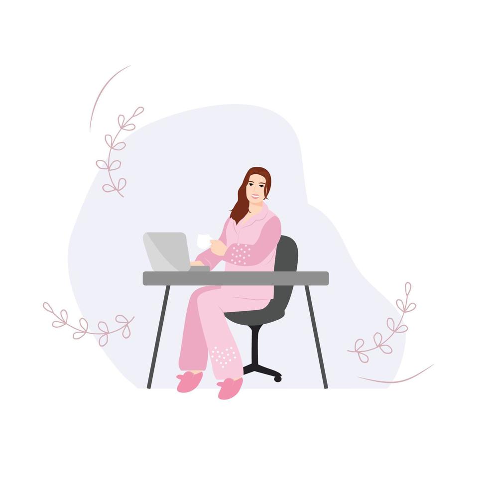 slijtage pyjama naar werk dag. kantoor arbeider in mooi zo humeur. april evenement. vector illustratie. vrouw in pyjama met kop van koffie werken in kantoor .