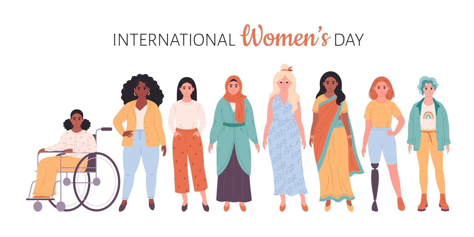 Internationale vrouwen dag. feminisme, vrouw gelijkwaardigheid, machtiging. menigte van vrouw van verschillend rassen, nationaliteiten, leeftijden, lichaam types vector