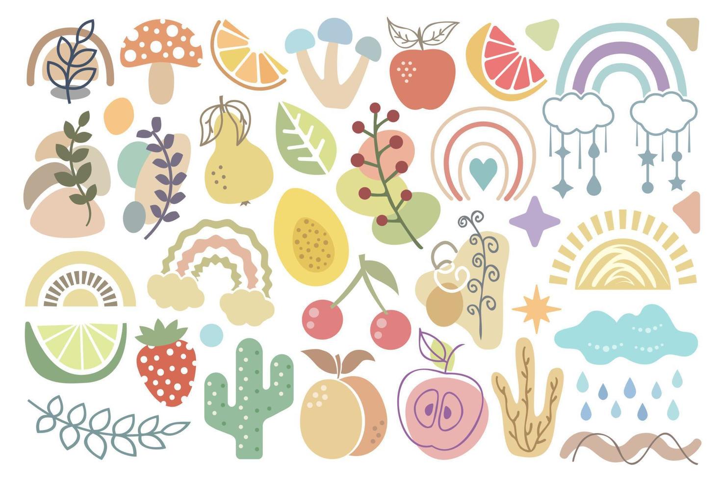 boho ontwerp elementen set. verzameling van abstract, pastel gekleurde planten, fruit, paddestoelen, regenbogen, vormen. abstract Boheems vlak ontwerpen. vector