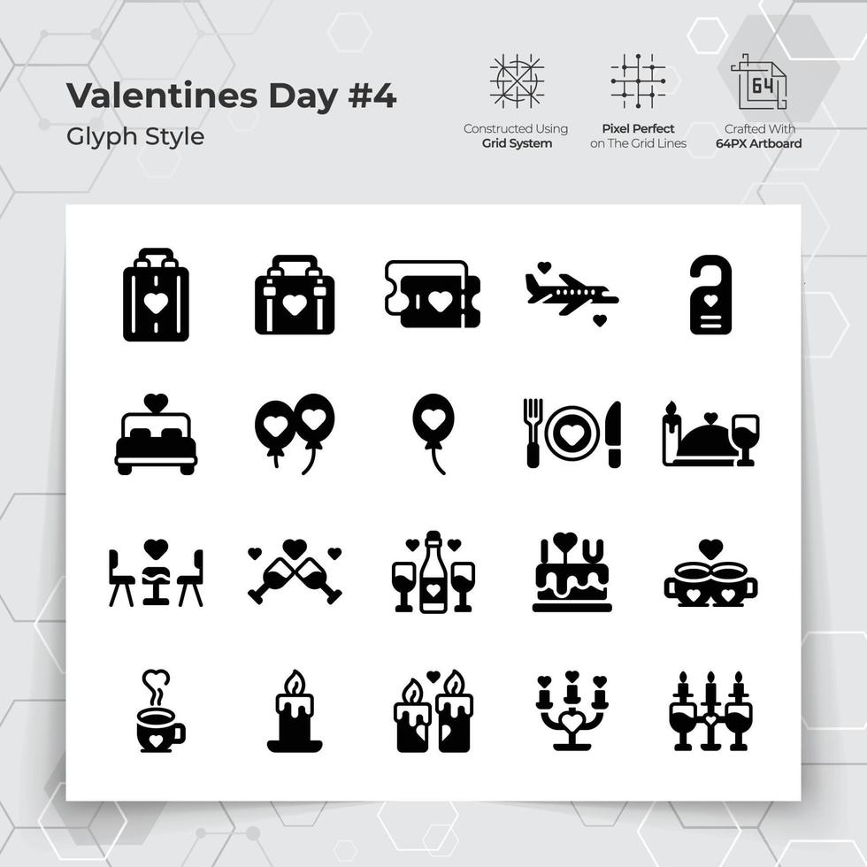 Valentijnsdag dag pictogrammen reeks in glyph zwart vullen stijl met vakantie op reis en avondeten thema. een verzameling van liefde en romance vector symbolen voor Valentijnsdag dag viering.