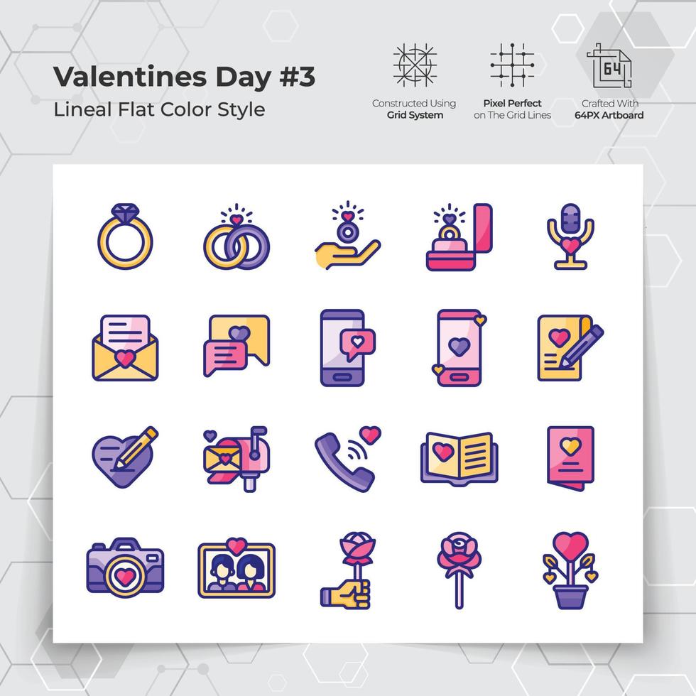 Valentijnsdag dag pictogrammen reeks in lijn vlak kleur stijl met bruiloft cadeaus en babbelen thema. een verzameling van liefde en romance vector symbolen voor Valentijnsdag dag viering.