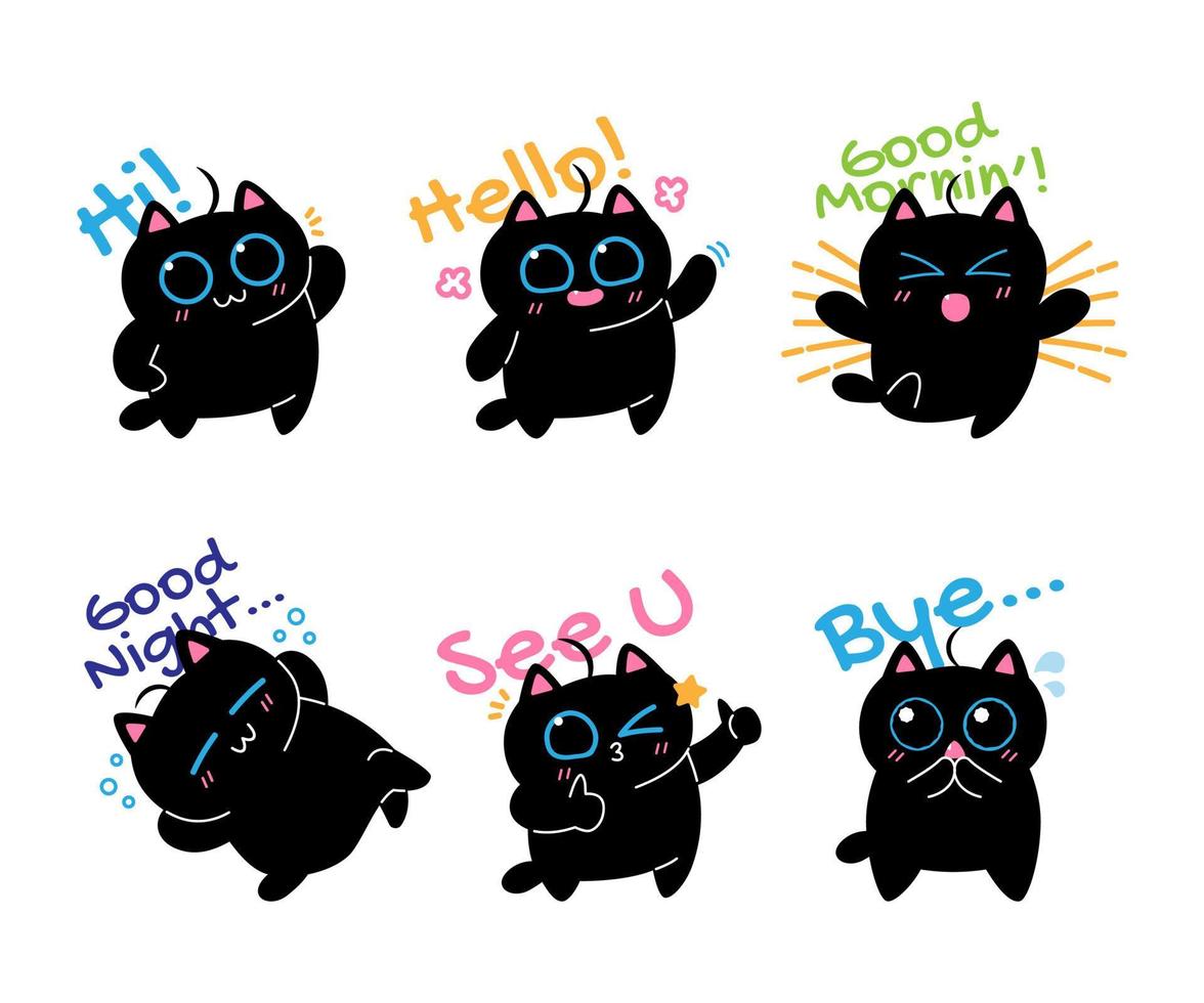 kawaii blauwe ogen zwart kat groeten babbelen stickers pak vector