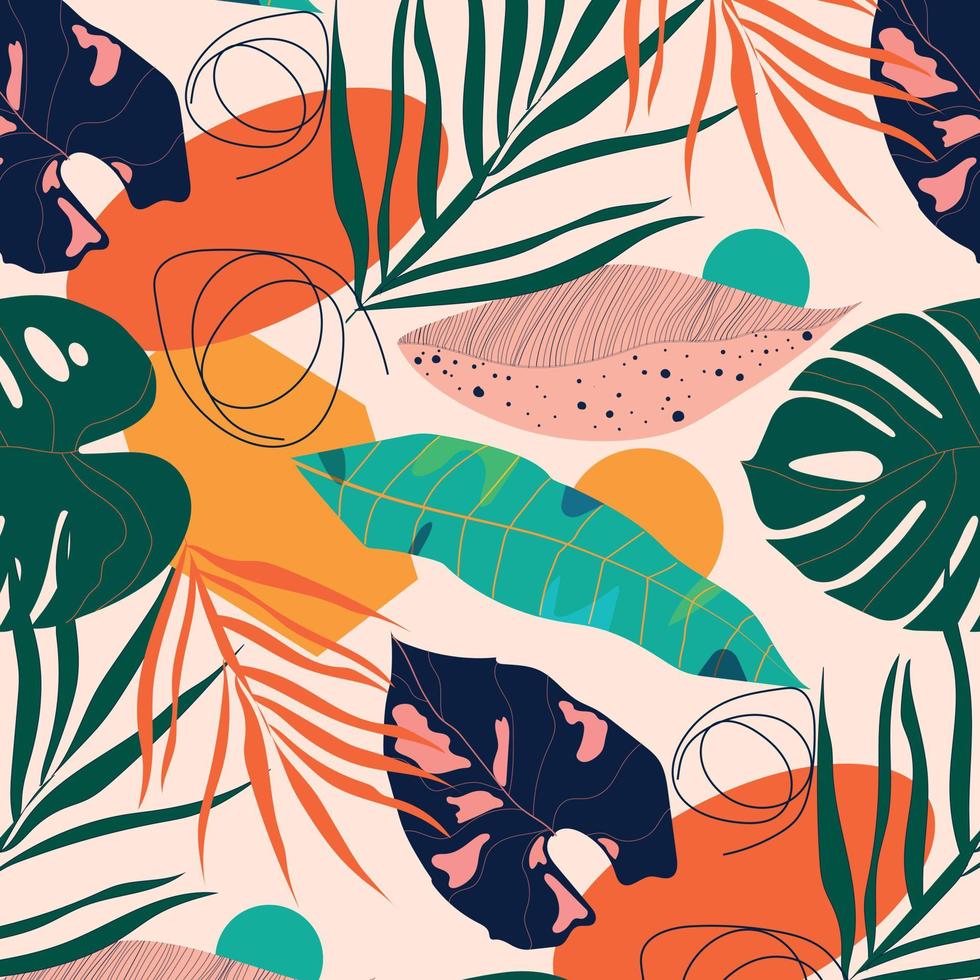 tropisch achtergrond met oerwoud planten. palm bladeren. bloemen exotisch hawaiiaans behang. regenwoud. zomer tropisch blad. exotisch hawaiiaans oerwoud, zomertijd stijl. zomer vector illustratie.