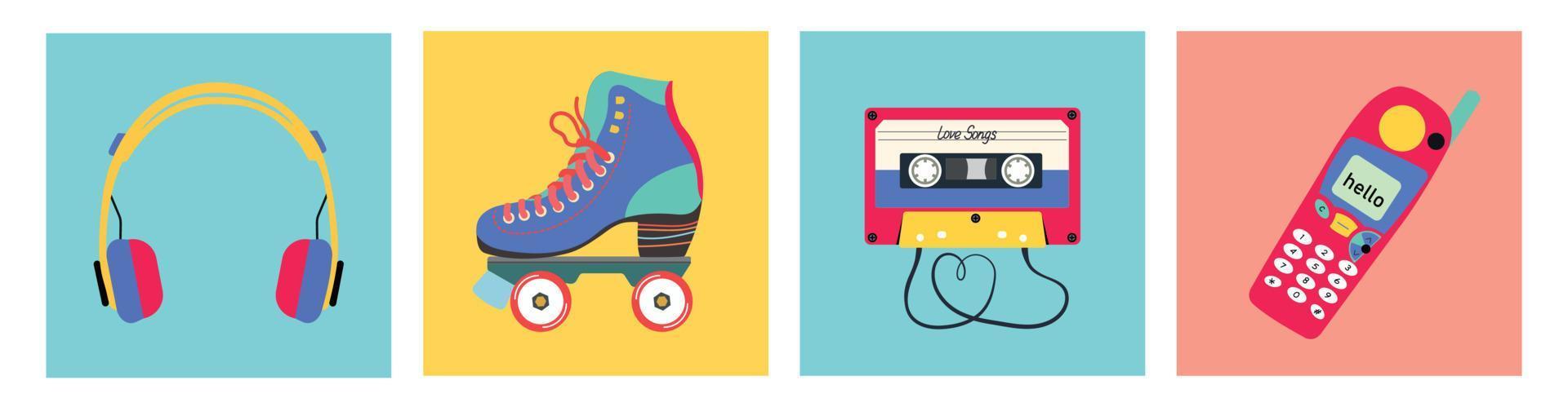 reeks van retro items inclusief cassette banden, telefoon, vier wiel rol schaatsen, koptelefoon. vector illustratie van 90s of 80s themed hobby's. hand- getrokken elementen in kleurrijk wijnoogst stijl.