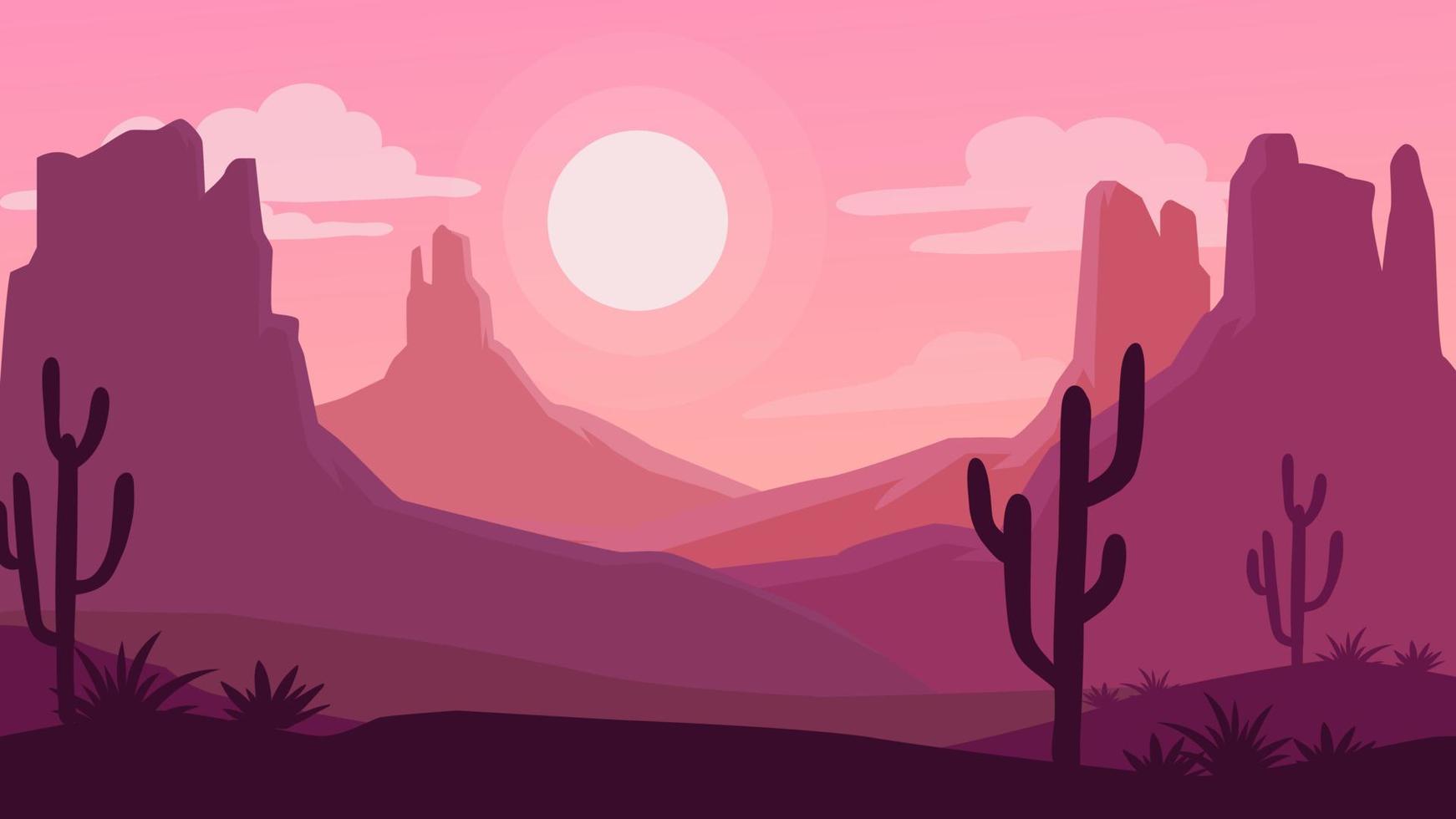 landschap met woestijn en cactus. zonsondergang Aan een achtergrond van een berg landschap vector