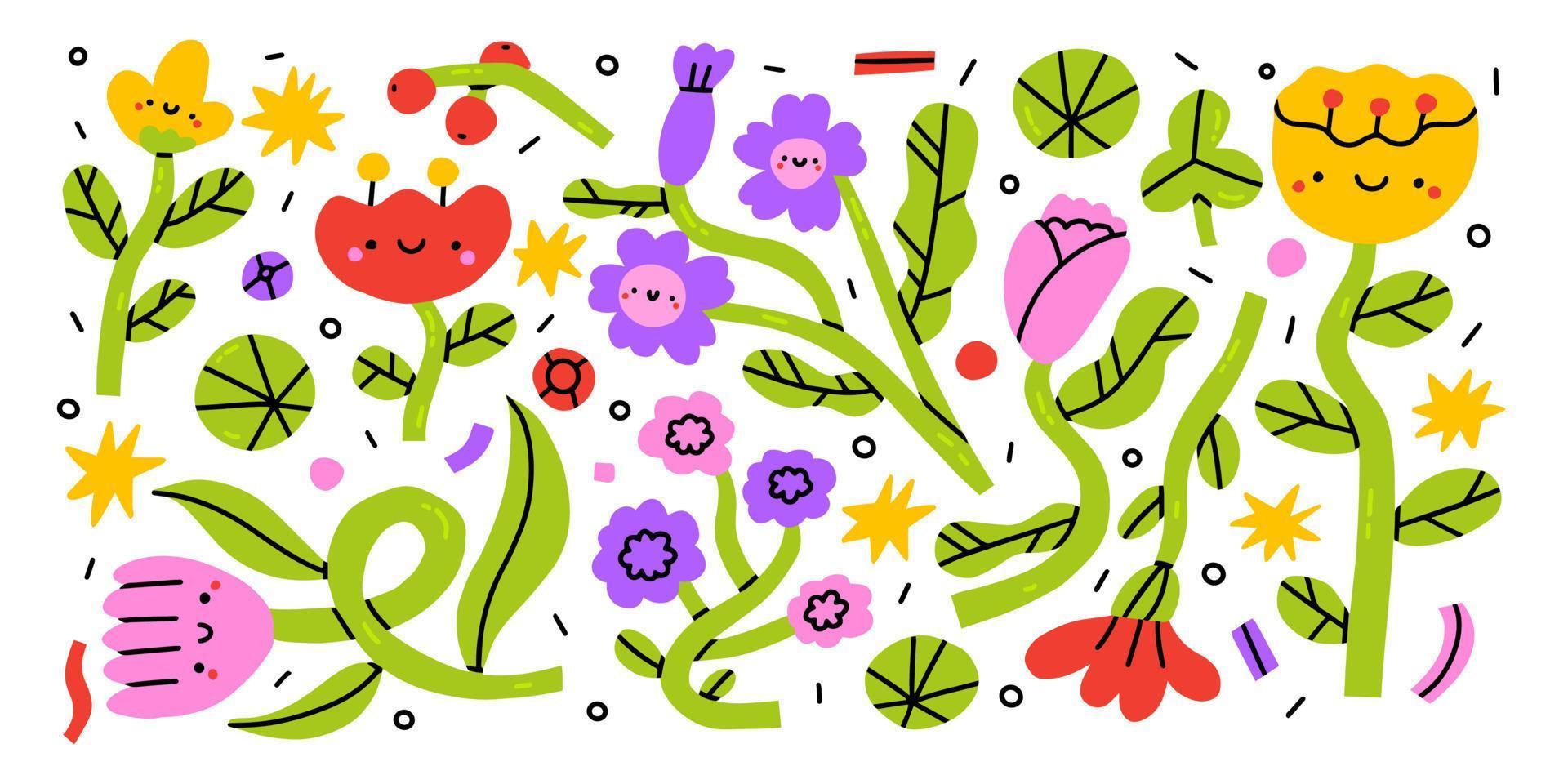 schattig grappig kawaii glimlach gezicht bloemen reeks collectie.vector tekenfilm kawaii karakter illustratie ontwerp. positief glimlach gezicht, tuin bundel reeks concept. grappig gelukkig madeliefje met ogen en glimlach. vector