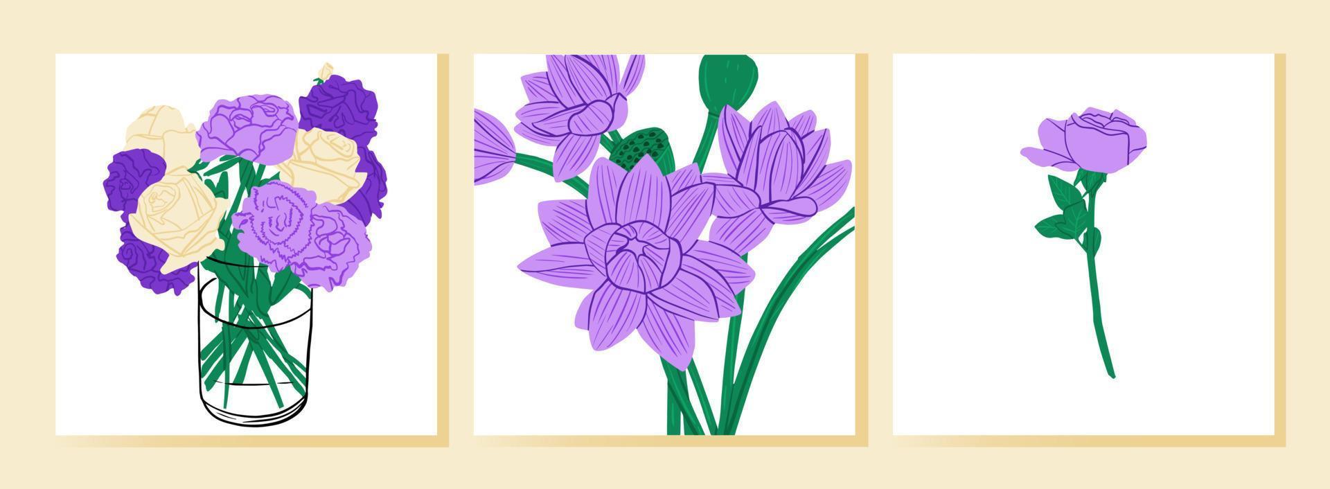 reeks drie stukken van bloemen in muur kunst. natuur muur decor. bloemen muur decoraties. neutrale aarde tonen, elegant kleuren van posters en dekt. planten, bloemen in de illustratie. vector