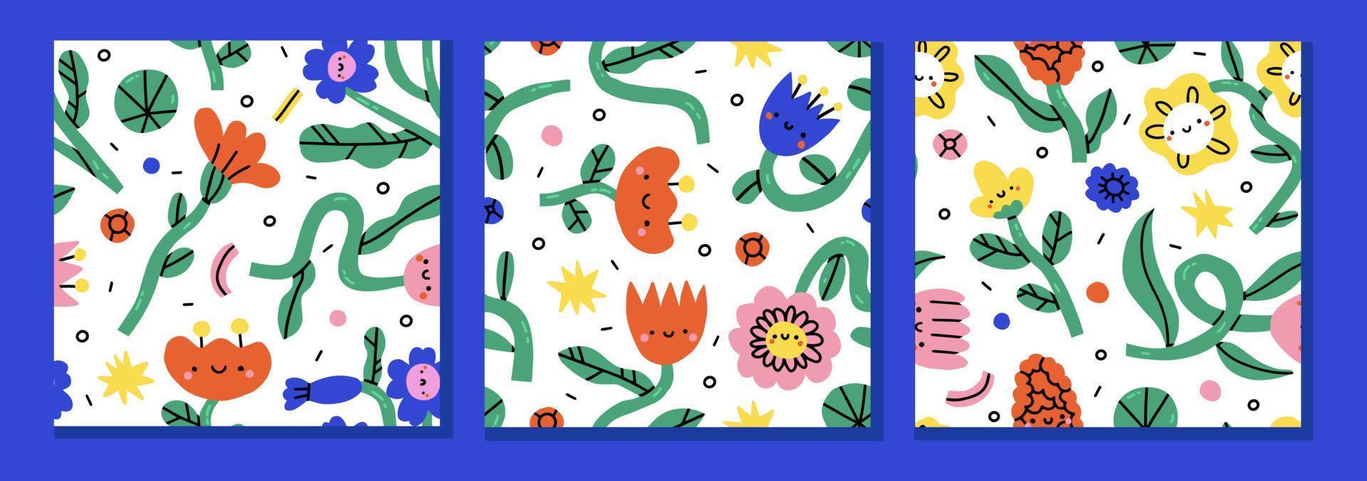 reeks van 3 schattig grappig kawaii glimlach gezicht bloemen patroon.vector tekenfilm kawaii karakter illustratie ontwerp. positief glimlach gezicht, tuin bundel reeks concept. grappig gelukkig madeliefje met ogen en glimlach. vector