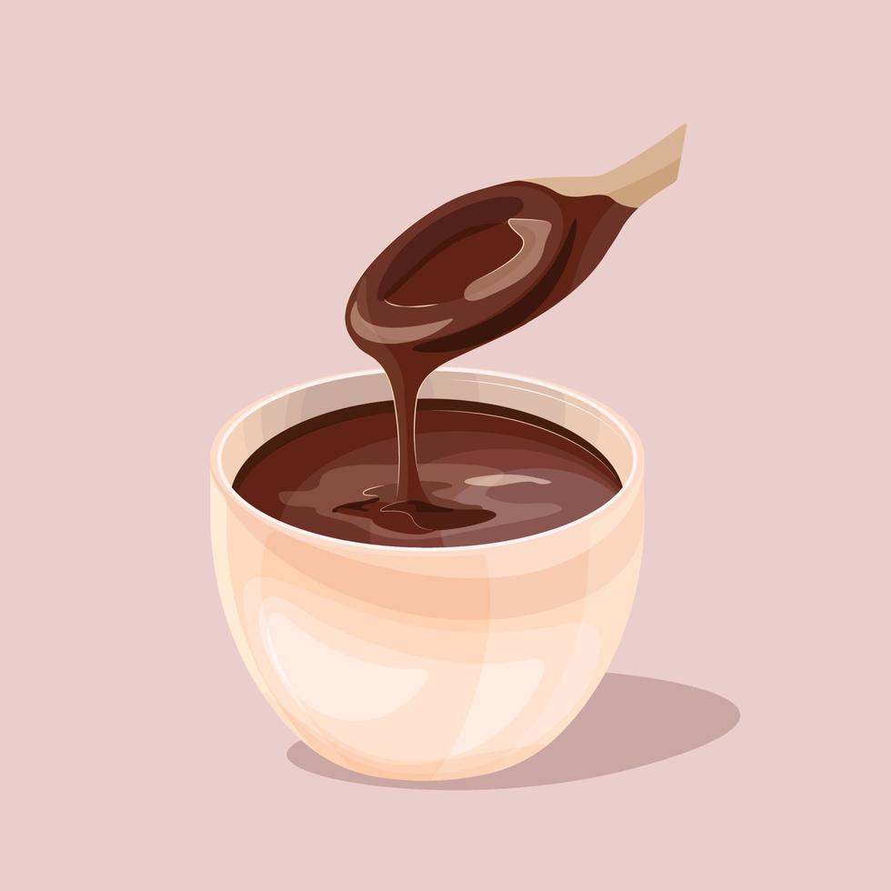 de een mok met heet bruin chocola en de hout lepel vector