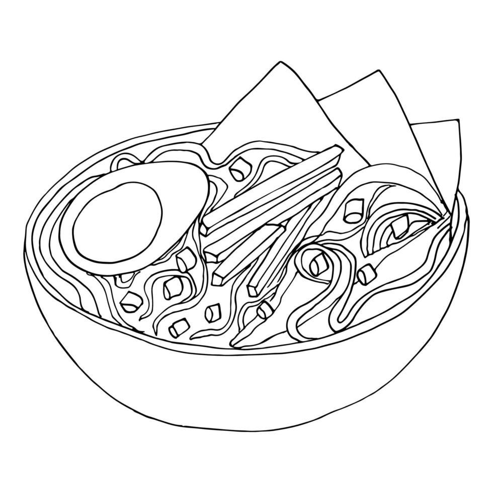 Japans ramen soep vector. traditie Aziatisch maaltijd met kip, eieren, wortels, uien en noedels in een miso bouillon. voorraad illustratie geïsoleerd Aan wit achtergrond, schetsen in de tekening stijl vector